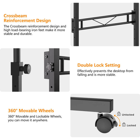 Features of 32 Inch Portable Standing Desk On Wheels, showcasing steel crossbeam, height adjustment knob, and lockable wheels.