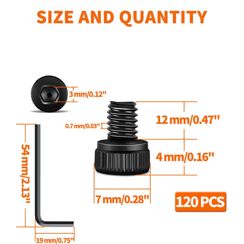 120 Pack M4 X 12Mm Hex Socket Head Cap Screws 12.9 Grade Heavy Duty Alloy Steel Black Oxide Finish size chart with dimensions.
