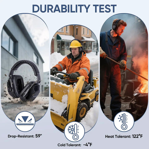 Noise Canceling Ear Muffs for Grownups With 26 dB NRR Adjustable Safety Earmuffs for Construction and Travel All Day Comfort Lightweight Black Design beside construction and industrial scenes, showcasing durability in cold and heat conditions.