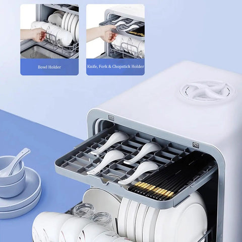 No Fuss Compact Countertop Dishwasher Handles The Daily Grime Effortlessly With A Built Five Liter Tank And Sleek Slim Profile Ideal For Tiny Kitchens Featuring Four Rapid Wash Cycles And No Sweat Auto Dry bowl and cutlery holder for efficient cleaning.