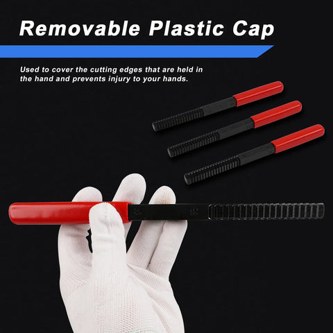 Close-up of a gloved hand holding a black thread chaser with a red removable plastic cap for a 49 Piece Rethread Repair Tool Kit With Taps Dies And Files For UNC UNF And Metric Threads Master Pro Grade Thread Rethreading Set For Restoration And Cleaning Corrosion Includes Thread Chasers.