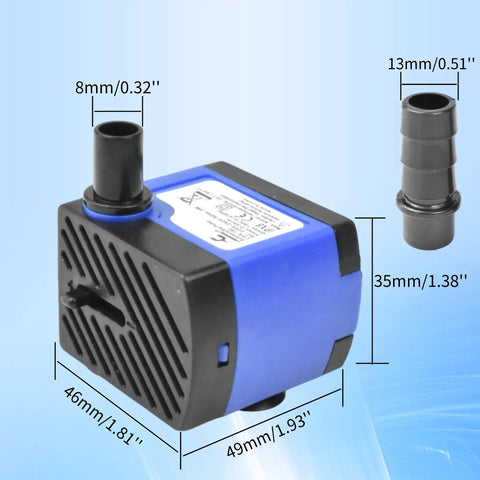 Blue and black Beast Submersible Pump 92GPH 5W Adjustable Flow For Fish Tanks Tabletop Fountains Hydroponic Systems And Pet Fountains with measurement details