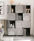 12 Cube Storage Organizer With Doors For Bedroom And Living Room DIY Plastic Closet Shelf Modular Bookshelf Stackable Cube Shelving Rack Black Dope Easy Assembly For Apartment Living And Home Organization in bedroom setting, shown with open and closed doors.