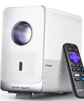 Roku TV Smart Projector With WiFi And Bluetooth, D1R Cube Roku Streaming Built In, Sealed Optical Engine, shown with remote