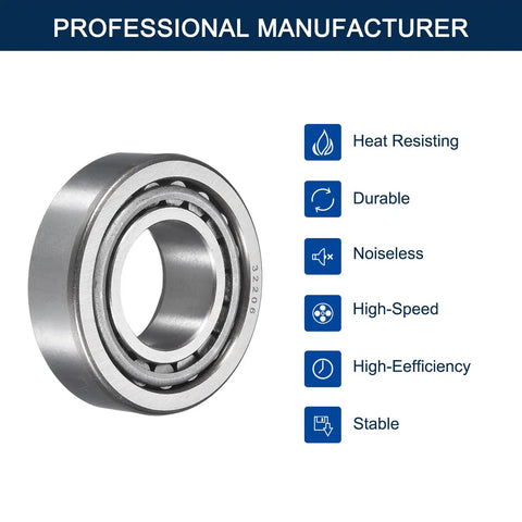 Two Pack 32206 Tapered Roller Bearing Cone And Cup Set, 30mm Bore, 62mm OD, chrome steel, shown with feature icons