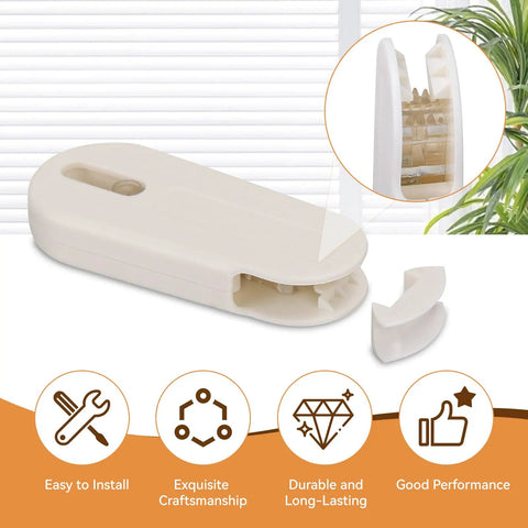 Two Pack Universal Window Blind Cord Tensioner To Keep Your Pull Downs Snug And Straight, Child Proof Cord Retainer shown with white plastic body.