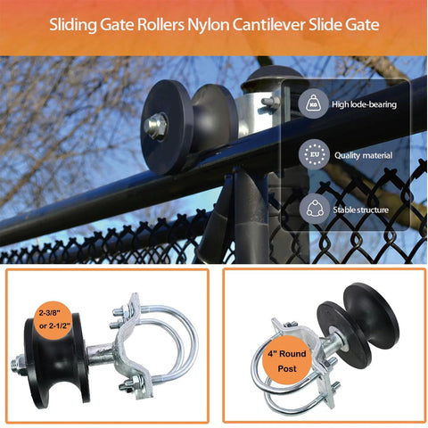 Sliding Gate Rollers Cantilever Gate Rollers Nylon Gate Rollers For 4 Inch Round Posts Two And Three Eighths Inch Or Two And One Half Inch OD Chain Link Fence Gate Frames Pack Of 2 Smooth Quiet Operation For Easy Gate Sliding And Long Lasting Performance installed on chain link fence.