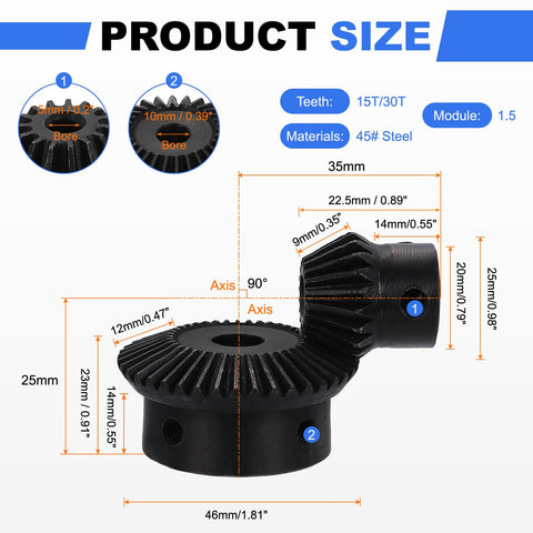 Built Tough Tapered Bevel Gear Set 1.5 Mod With 1 To 2 Ratio Includes 15 Tooth And 30 Tooth Hardened Steel Straight Bevel Gears