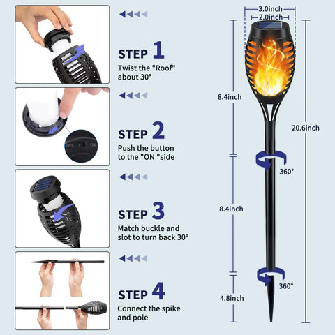 12 Pack Solar Torch Lights With Realistic Flickering Flame, Outdoor Waterproof Garden Pathway Lights, 20.6 Inch Stakes Setup Steps
