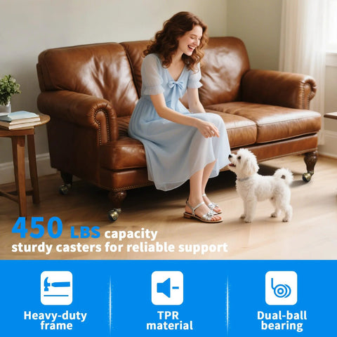 Woman sitting on a sofa with Brass Vintage Ball Caster Wheels 2 Inch Heavy Duty TPR Casters, emphasizing 450 lbs capacity for furniture support.