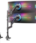 Rock Solid Dual Monitor Desk Mount Designed For Ultrawide Screens With Smooth Gas Spring Arms Height Adjustable Pole Base Vesa 75 100 Clamp Or Grommet Badass Workstation Setup showcasing dual monitors mounted on an adjustable arm.