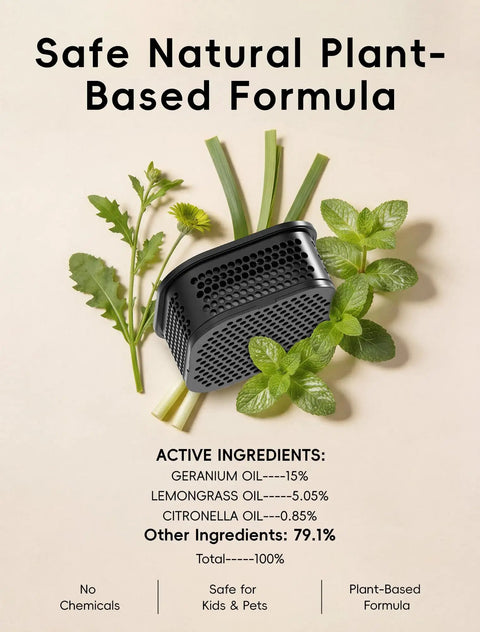 Black Portable Mosquito Repellent Device For Outdoor And Indoor Use Rechargeable Electronic Insect Repellent With 20 Feet Coverage Great For Camping Hiking Patio And Backyard Safe For Kids And Pets Includes 2 Refills with plant leaves showing safe natural ingredients