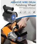 M10 Handheld Burnishing And Polishing Tool in use with wire drum attachment for metal, wood, electronics polishing