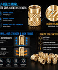 Pro Grade Lead Free Brass Threaded Inserts Kit M5x8x7mm showing deep-helix knurl for better grip and high torque strength.