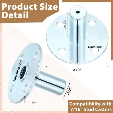 Four Pieces Broad Brimmed Hat Caster Sockets For 7/16 Inch Caster Stem Stainless Steel Sleeve Inserts with dimensions diagram.