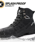 Heavy Duty Steel Toe Boots For Men Breathable High Top Work Shoes Lightweight Indestructible Safety Footwear For Industry Construction Black With Kevlar Insole And Puncture Resistance showing splash proof durability