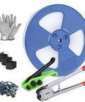 Heavy Duty Polypropylene Banding Strapping Kit With Half Inch By 3200 Foot Clear Packing Strap components including gloves, seals, and tensioner.