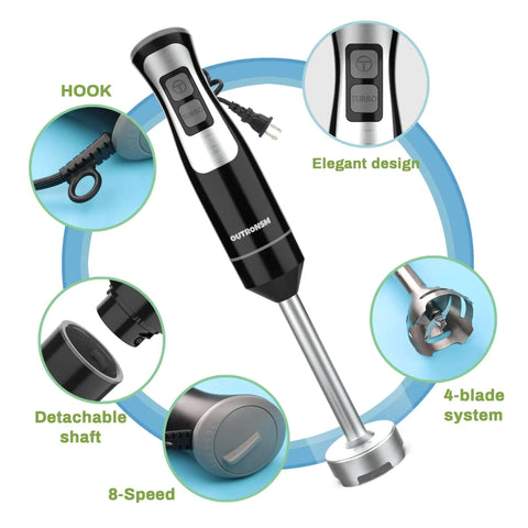 No Fuss Handheld Immersion Blender Built With Heavy Duty Stainless Steel Blades And Quick Release Milk Frother Plus Egg Whisk Tool For Stress Free Smoothies Soups with 8-speed control and detachable shaft.