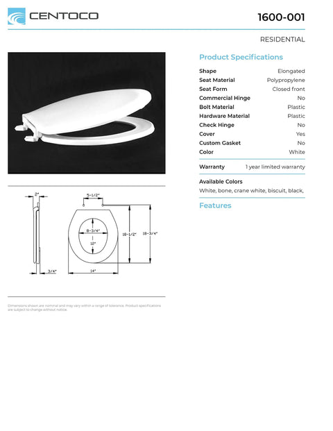 Elongated Plastic Toilet Seat With Impact Absorbing Hinges And Corrosion Free Hardware No Frills Economy Model In White