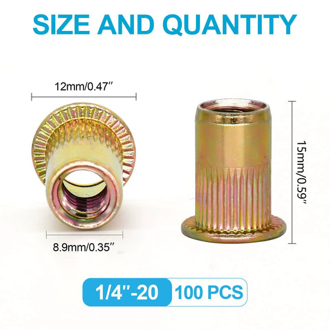 Rivet nuts, 1/4-20 UNC, zinc-plated carbon steel; 2 shown, 100 pcs kit