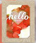 Handmade card with "hello love you" over a 7 Piece Rectangle Frame Die Cut Set With Stitched Nesting Frames, floral background.