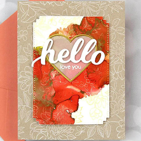 Handmade card with "hello love you" over a 7 Piece Rectangle Frame Die Cut Set With Stitched Nesting Frames, floral background.