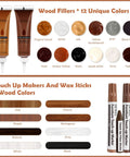 Comprehensive Wood Furniture Repair Kit With Slick Touch Up Markers And Premium Wax Sticks For Easy No Sweat Scratch Crack Fix On Laminate Floors Tables And Headboards 42 Piece Restoration Set showcasing 12 wood fillers and 8 touch-up markers.