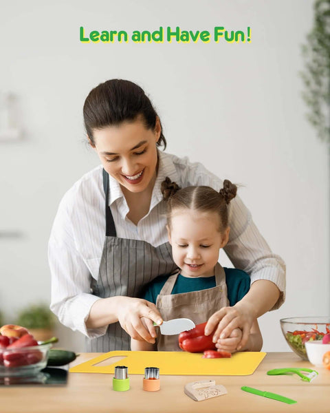 melican Kids Kitchen Knife Set front view on a yellow cutting board; mother and daughter cooking with kid-safe tools