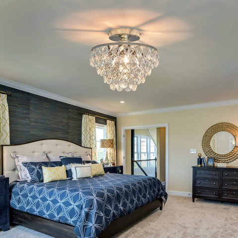 Crystal Chandelier Ceiling Light Semi Flush Mount With E26 Base In Silver Chrome Finish illuminating a cozy bedroom.