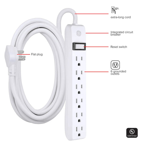 4 Pack 6 Outlet Power Strip With 12 Ft Extension Cord, Heavy Duty Flat Plug, Grounded 3 Prong, Wall Mountable, Integrated Circuit Breaker, UL Listed, White