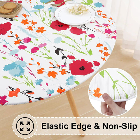 Round Fitted Tablecloth With Elastic Edge No Slip Snug Fit Waterproof Oil Proof Vinyl Backed Table Cover For 36 To 44 Inch Round Tables Perfect For Dinner Outdoor Picnic Flowers with floral design