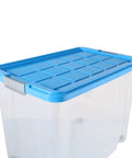 Heavy Duty Rolling Storage Bin With Secure Lid And Smooth Ride Wheels, Solid Plastic Organizer Tote For Home Or Garage, Hella Durable 80 Liter Mobile Container In Assorted Colors, blue lid and transparent body.