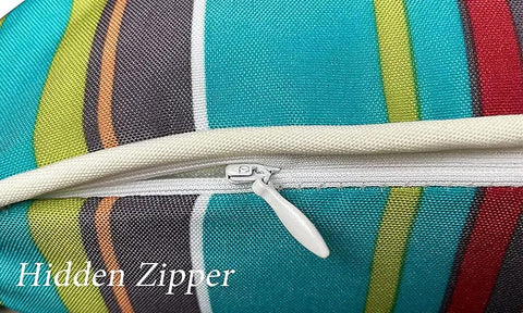 Close-up of hidden zipper on striped Two Outdoor Throw Pillows 18x18 With Cover And Inserts Included Striped Water Resistant Cushions.