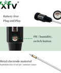 Close-up of All In One Soil PH Tester And Moisture Light Meter with 11.6 inch probe, showing battery-free design and switch button.