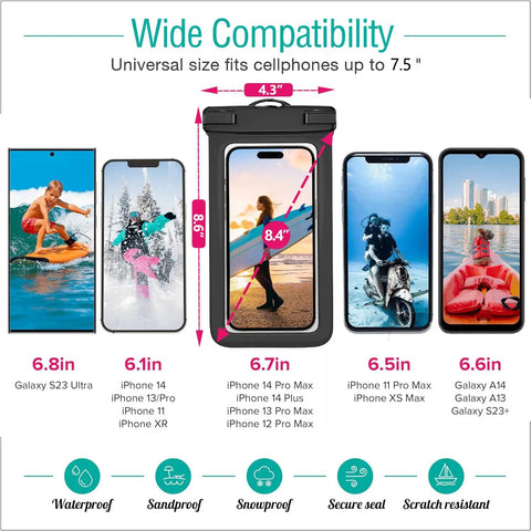 Three Pack Universal Waterproof Phone Pouches With IPX8 Dry Bag Case, shown fitting various phone models up to 8.4 inches tall.