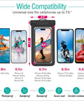Waterproof Phone Pouch 2 Pack IPX8 Dry Bag Case Fits Any Phone Up To 8.4 Inches shown with various phones and outdoor scenes.