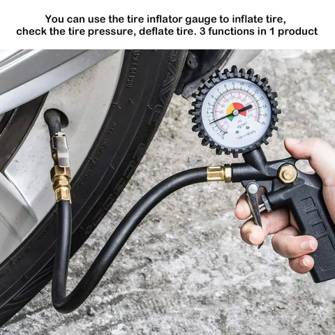 Tire Inflator Deflator Gauge With Two And A Half Inch Dial, Brass Lock On Chuck, 13 Inch Rubber Hose, 0-220 PSI Range in use