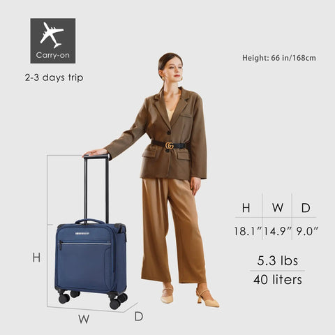 Woman with Underseat Carry On Luggage 15 Inch Softside With Spinner Wheels USB Port Navy Carry On Friendly Travel Case