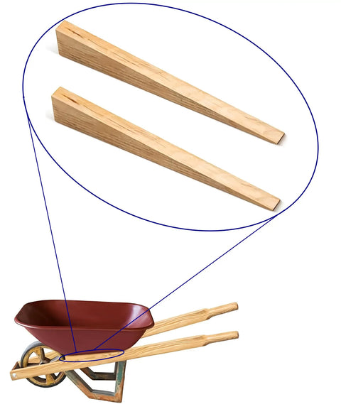 Wheelbarrow Wedge Replacement Kit Set Of 2 For True Temper, Husky, Corona, And Jackson Wheelbarrows shown above wooden wheelbarrow.