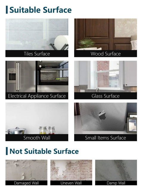 Image of suitable and not suitable surfaces for Removable Peel And Stick Silver Stainless Steel Look Contact Paper For Metal Surfaces