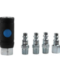 Set of 5 push button air hose fittings, steel with zinc plating, including one coupler with blue button, industrial grade.