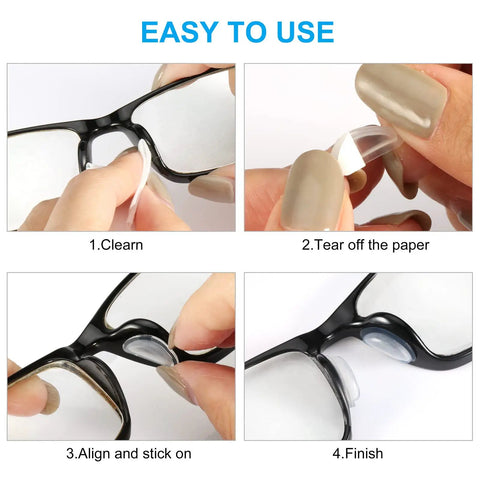 Step-by-step application of Soft Silicone Eyeglass Nose Pads With Air Chamber For Comfort And Anti Slip Grip Self Adhesive Cushioned Set