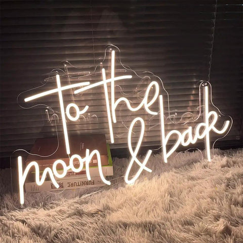 Cozy indoor To The Moon And Back LED Neon Light Sign with Adjustable Brightness Flexible Silicone Neon Strip on a fluffy rug