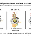 Image comparing carburetor models PC154291, PC154190, and PC158099 for Subaru Robin EA175V EA190V and Yamaha MA175 MA190 engines.