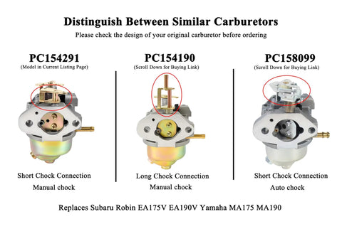 Image comparing carburetor models PC154291, PC154190, and PC158099 for Subaru Robin EA175V EA190V and Yamaha MA175 MA190 engines.