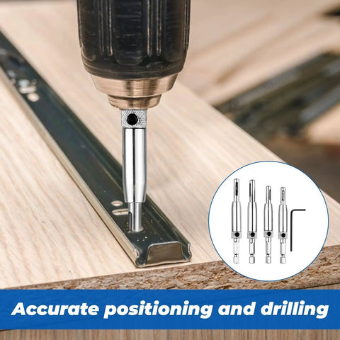 Dead On Self Centering Hinge Drill Bit Set For Doors And Cabinets With Spring Loaded Guide No Sweat Pilot Hole Setup On Every Cabinetry Makeover Or Home Repair Job With Hex Tool, showing accurate drilling setup.