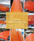 Collage of Orange Tarp 20x30 Feet Heavy Duty Lightweight 6 Mil Poly Cover for varied outdoor uses, showcasing high visibility and durability.