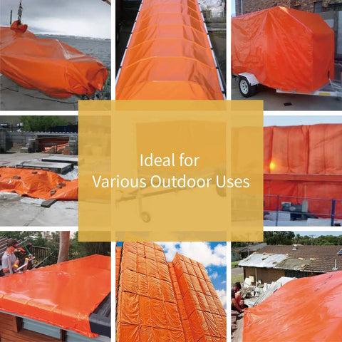 Collage of Orange Tarp 20x30 Feet Heavy Duty Lightweight 6 Mil Poly Cover for varied outdoor uses, showcasing high visibility and durability.