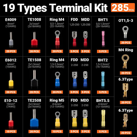 Ultimate Preciva Crimping Tool Kit Featuring Quick-Change 6-Jaw System, Heavy Duty Wire Stripper, Plus 285 Premium Terminals For Heat Shrink Insulated And Solar Connectors In Auto Or Home Jobs, 19 terminal types