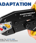 Ratcheting Crimping Tool For Insulated Wire Connectors, Works On AWG 22 Through 10, Pro Grade Jaws with color-coded handles